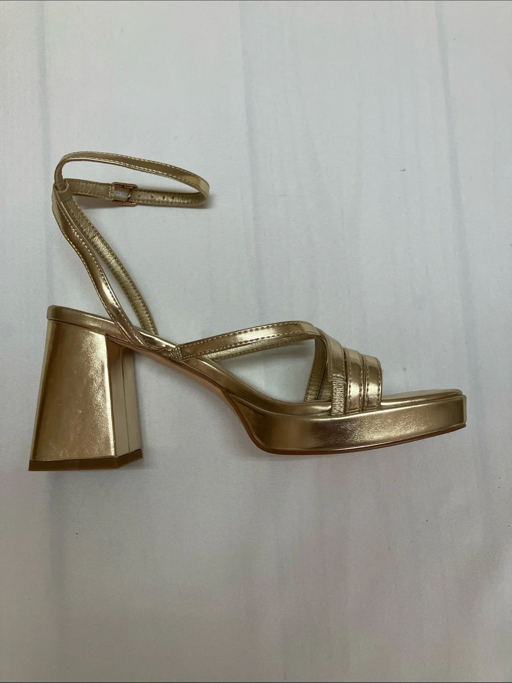 Metallic Gold Platform Block Heel Sandal with Ankle Strap - Women